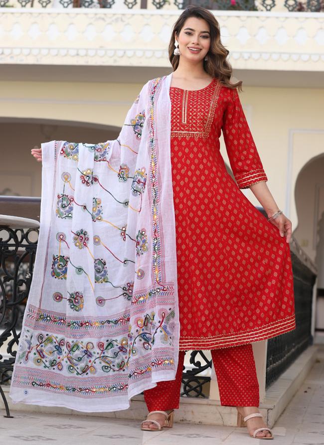 Rayon Red Traditional Wear Printed Readymade Salwar Suit